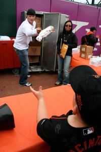 Matt Cain tosses Rupert a hot dog